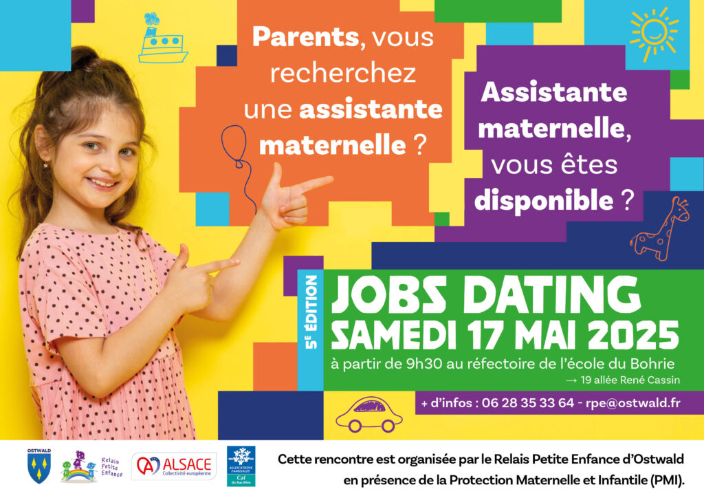 affiche jobs dating avec la promotion d'une matinée de job dating visuel orange, violet, vert et jaune