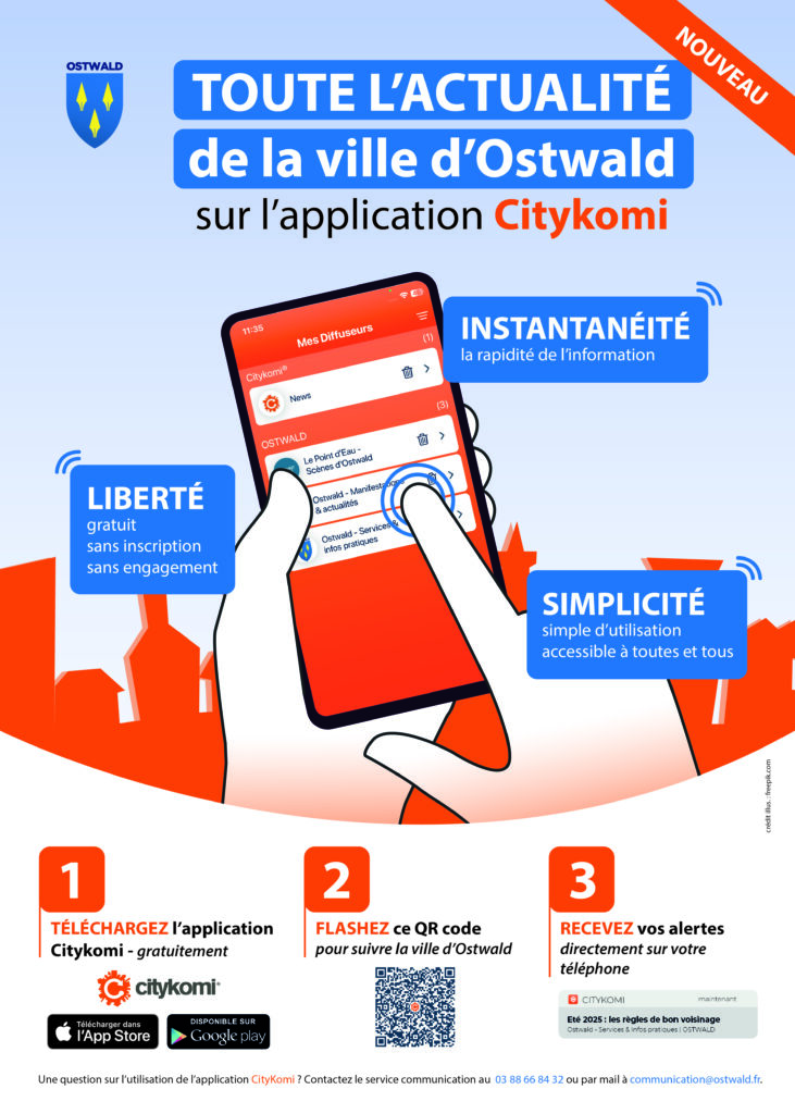 affiche avec des mains tenant en smartphone pour la promotion du lancement de l'application citykomi à Ostwald