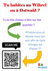 affiche pour la promotion d'un questionnaire pour donner son avis sur son quartier avec QR Code à scanner