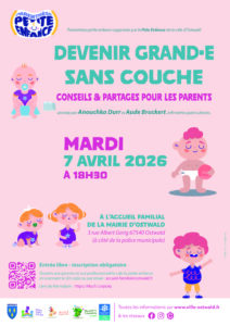 affiche promotion atelier petite enfance du 7 avril sur le thème "devenir grand(e) sans couche"
