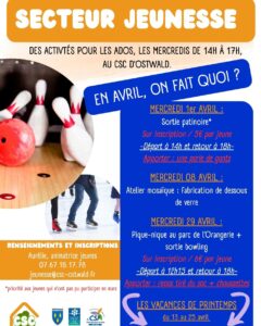 programme activités d'avril pour les ados proposées par le CSC (secteur jeunesse)