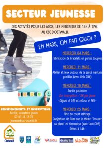 programme activités de mars pour les ados proposées par le CSC (secteur jeunesse)