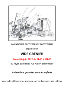affiche du vide grenier de la paroisse protestante à ostwald le samedi 6 juin de 9h à 18h