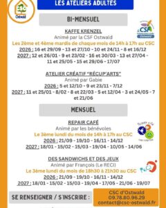 ateliers adultes proposées par le CSC bi-mensuel et mensuel