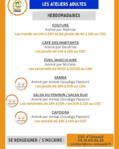 ateliers adultes proposées par le CSC hebdomadaires