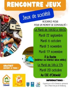activité rencontre et jeux de société proposées par le Centre Social et Culturel d'Ostwald