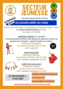 activités secteur jeunesse proposées après les cours par le Centre Social et Culturel